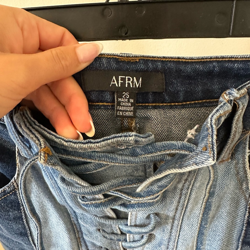 Afrm Revolve Blue Two Tone Patchwork Lace Up Flar… - image 4